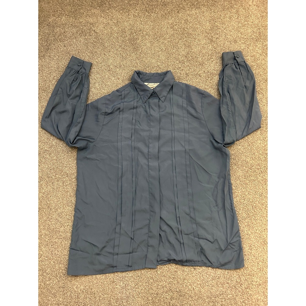 Laura Scott Blouse Women 14 Blue Excellent Pintuck Pleated Button Down Top